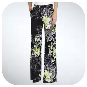 BCBGMaxAzria Black and Green Floral Wide-Leg Pants